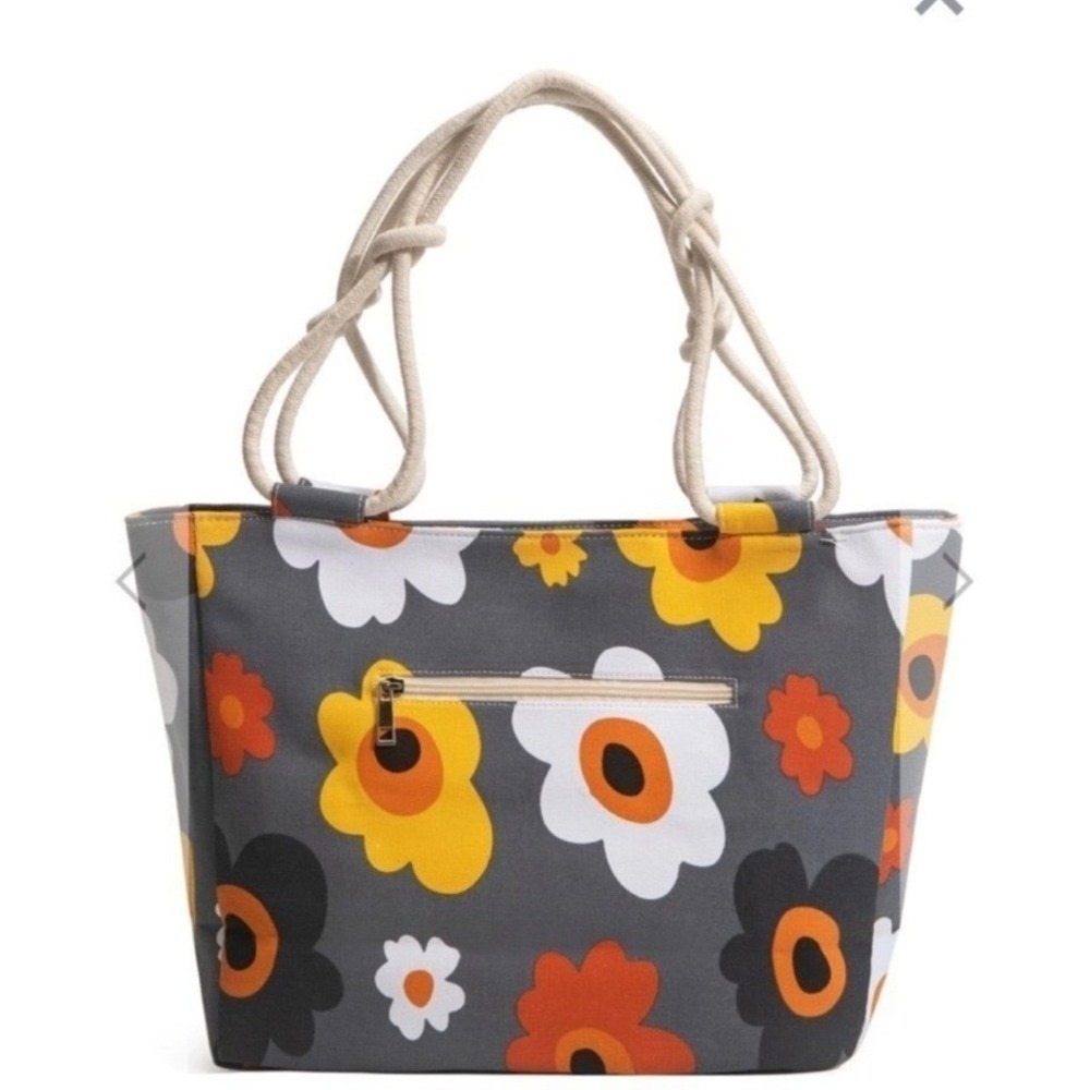 FARMHOUSE  Floral Tote Bag Gray Yellow Orange Canvas Rope Handle Zipper Pocket